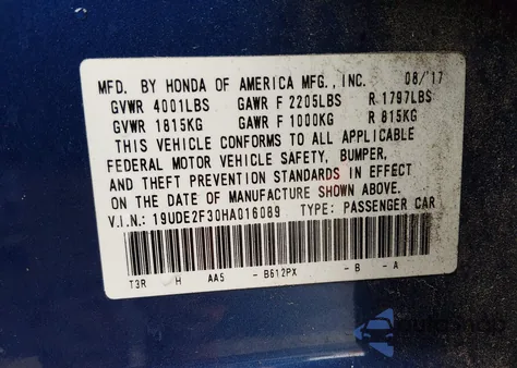 2017 Acura Ilx Acurawatch Plus Package from USA, damaged, VIN 19UDE2F30HA016089